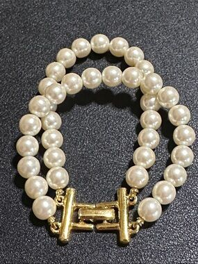 Double Strand Faux Pearl Vintage Bracelet Gold Tone Clasp